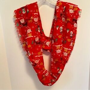 Christmas Holiday Santa Claus & Snowman Infinity Fringed Edge Red Scarf